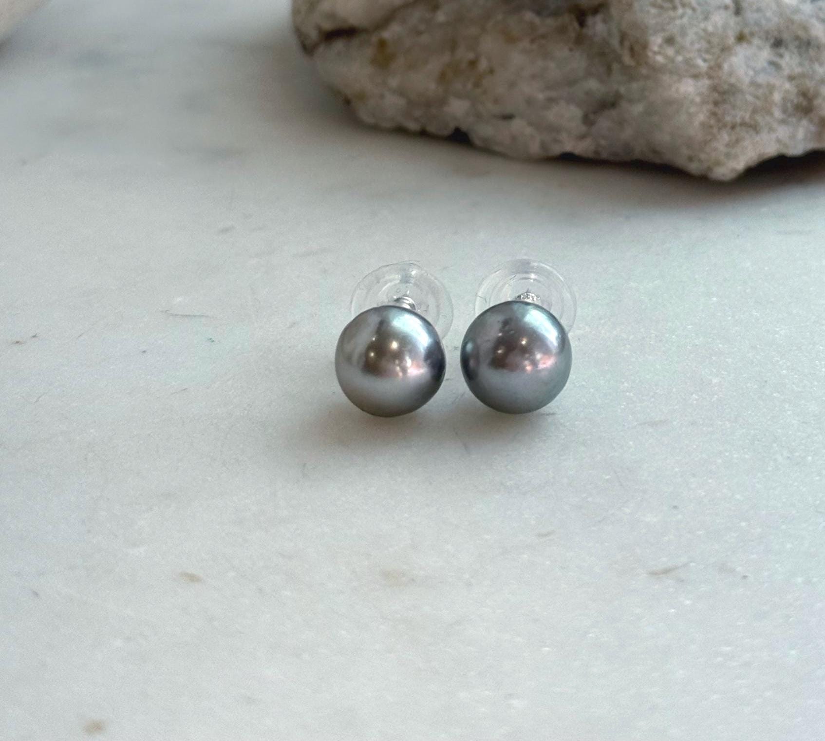 Elly’s 10mm Tahitian Silver Platinum ocean Pearls Earrings studs: Extreme luster Mirrored, S925 silver minimalist earrings.