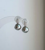 Elly’s 8.6mm Tahitian Silver Platinum ocean Pearls Earrings: Extreme luster Mirrored, 1.6cm high, S925 silver cool fancy earrings.