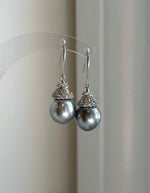 Elly’s 11.8mm Tahitian Silver Platinum ocean Pearls Earrings hooks: Extreme luster Mirrored, 3.6cm high, S925 silver cool fancy earrings.