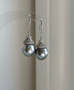 Elly’s 11.8mm Tahitian Silver Platinum ocean Pearls Earrings hooks: Extreme luster Mirrored, 3.6cm high, S925 silver cool fancy earrings.