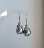 Elly’s 11.8mm Tahitian Silver Platinum ocean Pearls Earrings hooks: Extreme luster Mirrored, 3.6cm high, S925 silver cool fancy earrings.