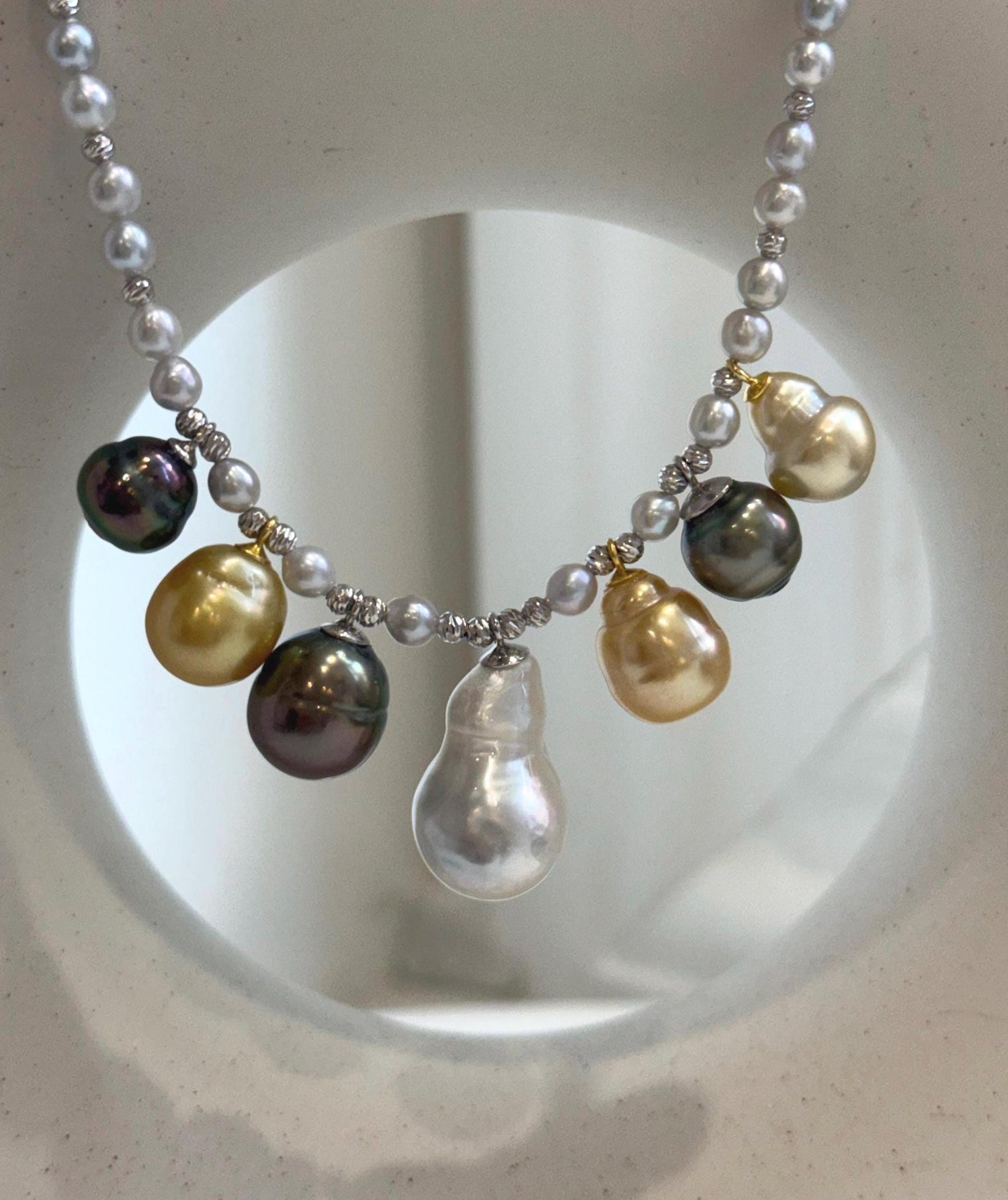 Elly’s 7pcs Tahitian South sea white golden ocean pearls necklace:Extreme luster, 9.1-12.6mm, 17.7”, S925 silver necklace.