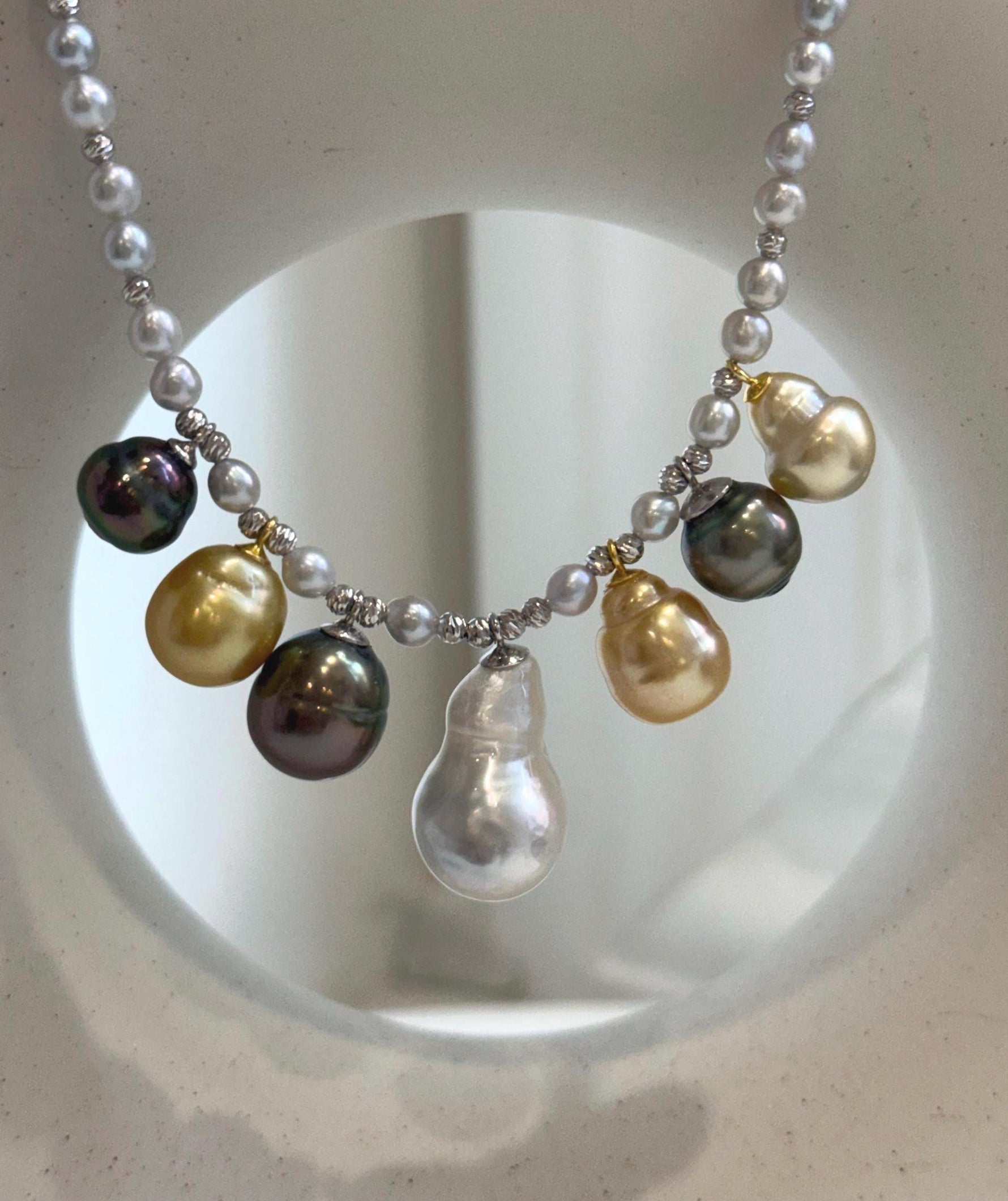 Elly’s 7pcs Tahitian South sea white golden ocean pearls necklace:Extreme luster, 9.1-12.6mm, 17.7”, S925 silver necklace.