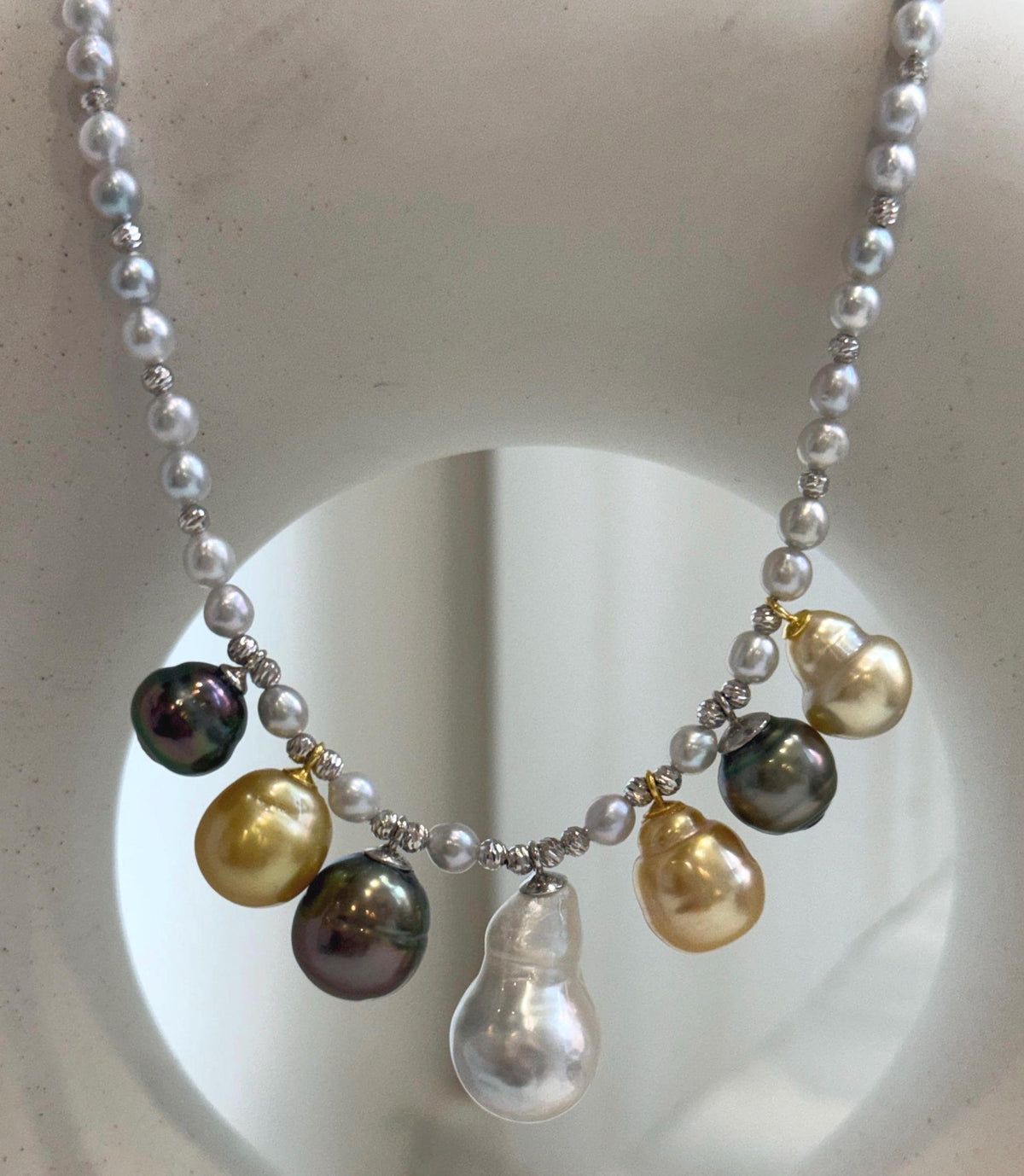 Elly’s 7pcs Tahitian South sea white golden ocean pearls necklace:Extreme luster, 9.1-12.6mm, 17.7”, S925 silver necklace.