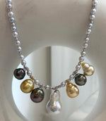 Elly’s 7pcs Tahitian South sea white golden ocean pearls necklace:Extreme luster, 9.1-12.6mm, 17.7”, S925 silver necklace.