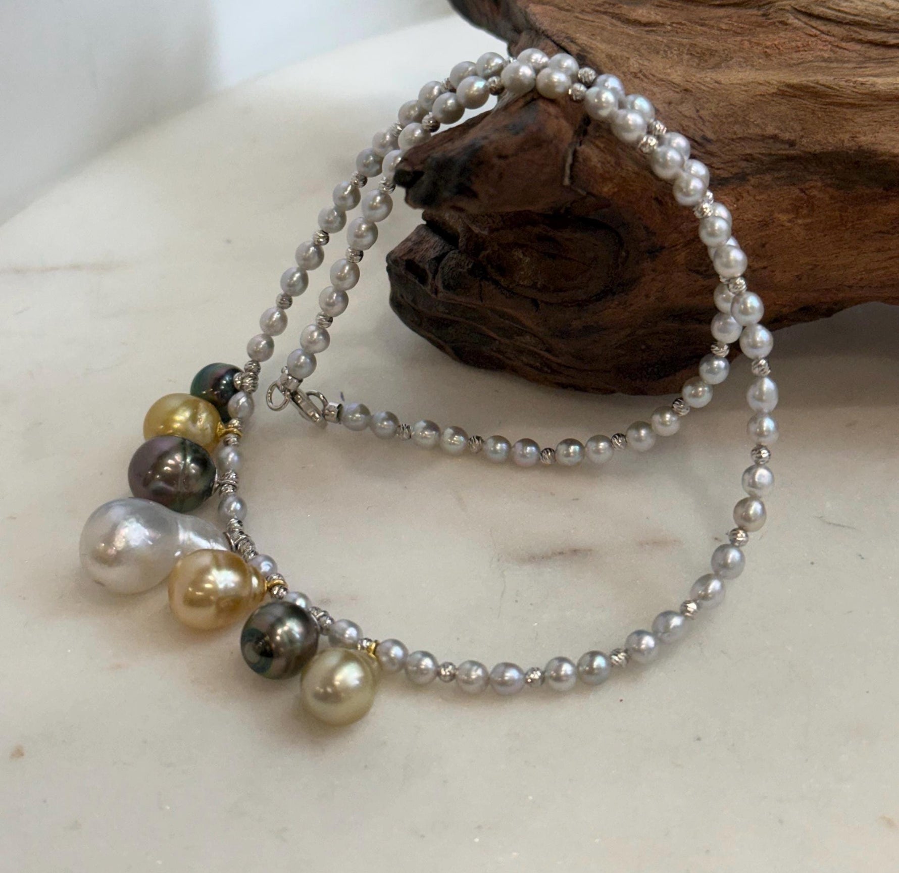 Elly’s 7pcs Tahitian South sea white golden ocean pearls necklace:Extreme luster, 9.1-12.6mm, 17.7”, S925 silver necklace.