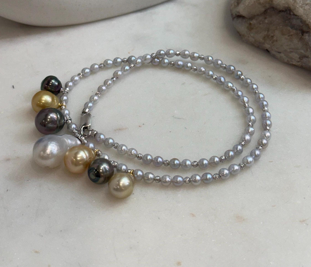 Elly’s 7pcs Tahitian South sea white golden ocean pearls necklace:Extreme luster, 9.1-12.6mm, 17.7”, S925 silver necklace.
