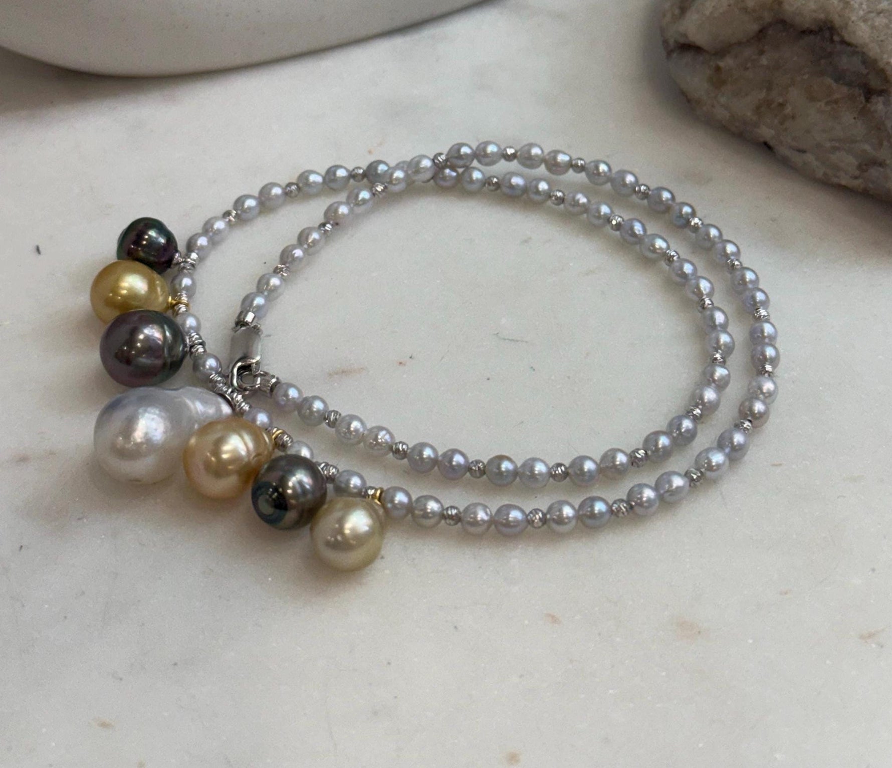 Elly’s 7pcs Tahitian South sea white golden ocean pearls necklace:Extreme luster, 9.1-12.6mm, 17.7”, S925 silver necklace.