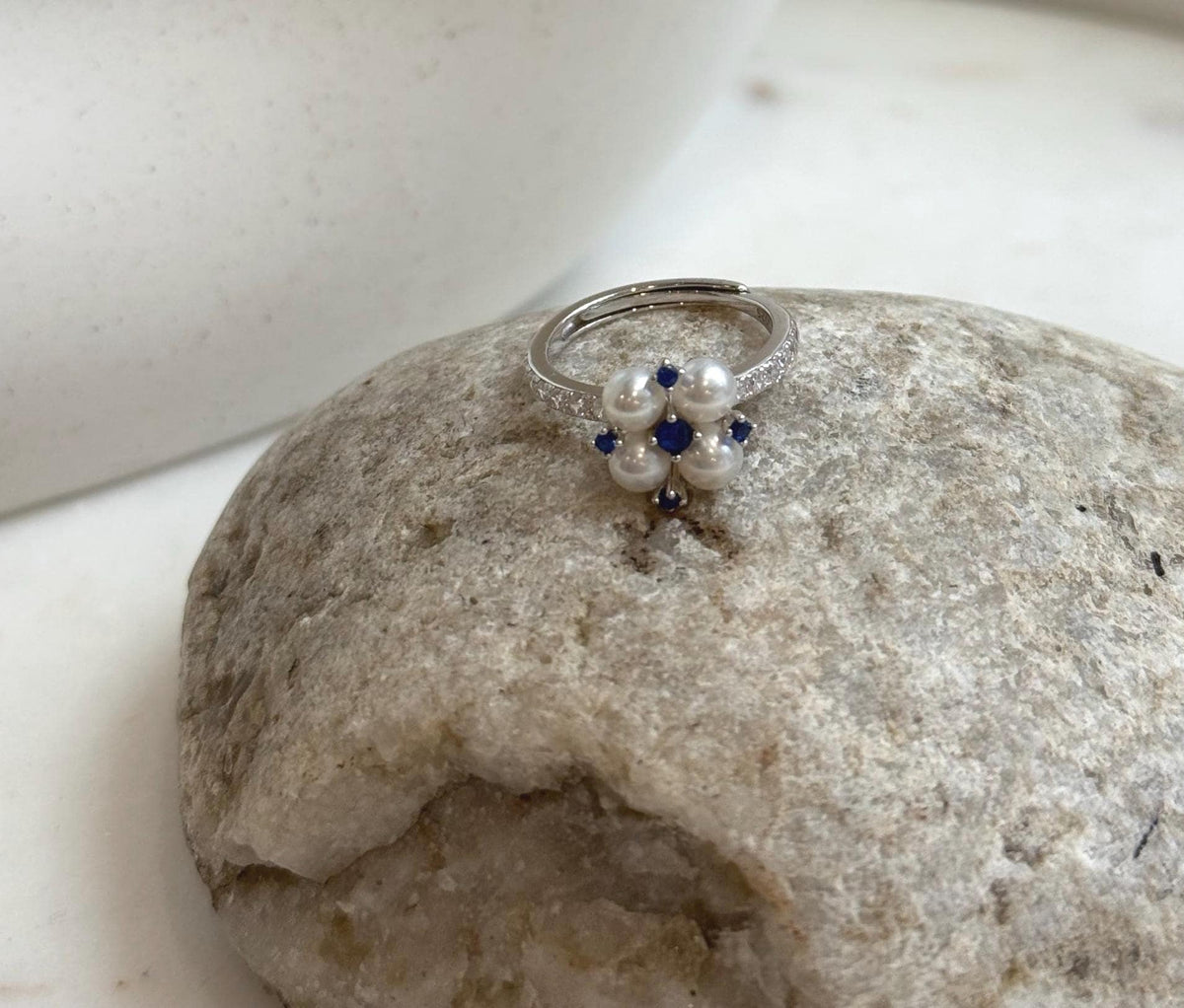 Elly’s 4pcs 4.2-4.5mm Freshwater white pearls Ring: Extreme luster mirrored, 1.1x1.1cm, S925 Silver Adjustable Ring.