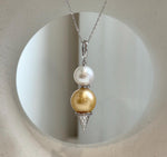 Elly’s Double Genius South sea golden ocean Edison white pearls Pendant: Extreme luster, 4.5cm high, s925 silver pendant.