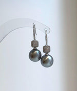Elly’s 11.1mm Tahitian Platinum ocean Pearls Earrings hooks: Extreme luster Mirrored, 3.1cm high, S925 silver cool fancy earrings.