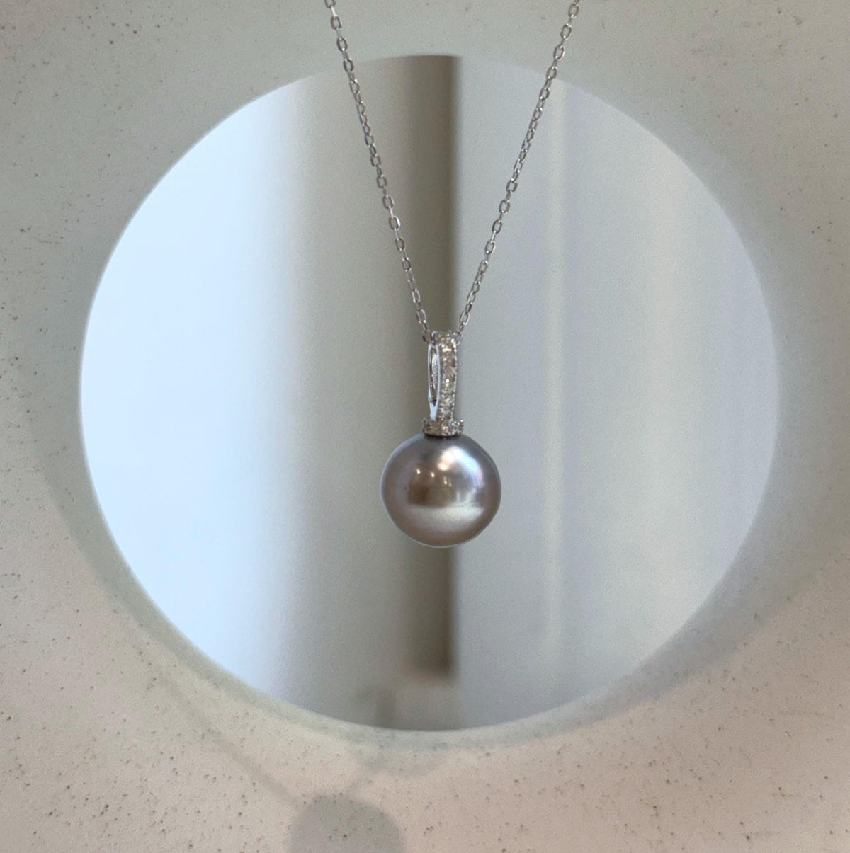 Elly’s 12mm Tahitian platinum ocean Pearl pendant: Extreme luster mirrored, S925 silver minimalist pendant, 2.1cm high.