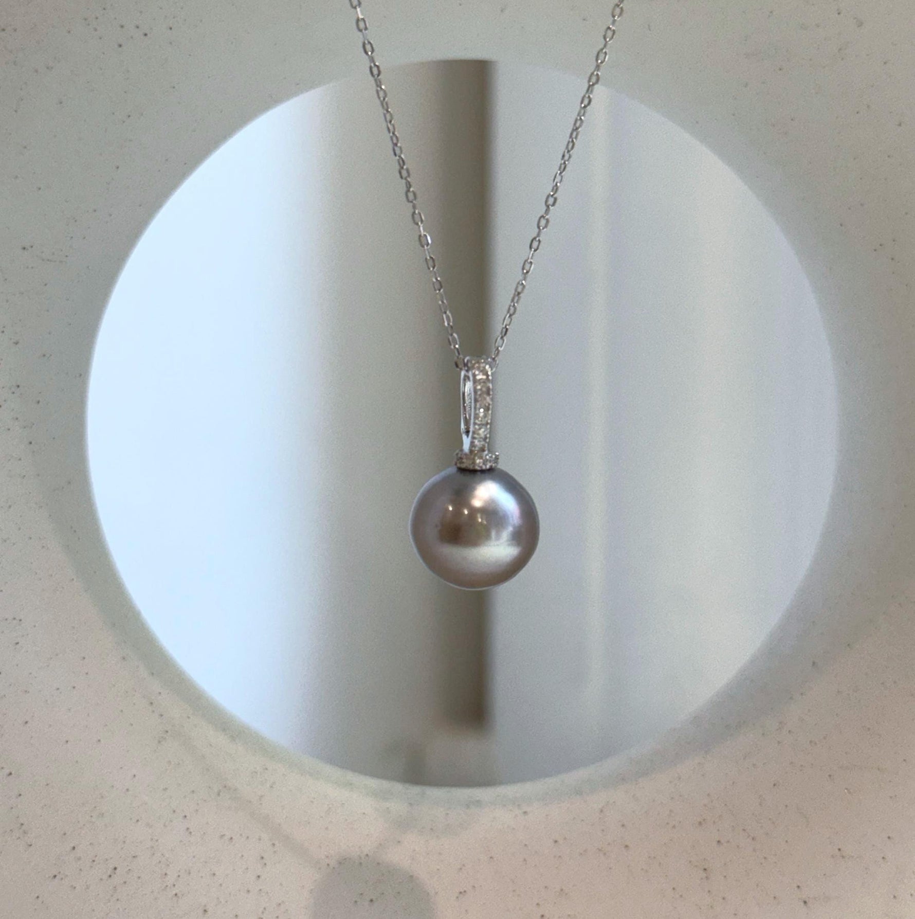 Elly’s 12mm Tahitian platinum ocean Pearl pendant: Extreme luster mirrored, S925 silver minimalist pendant, 2.1cm high.