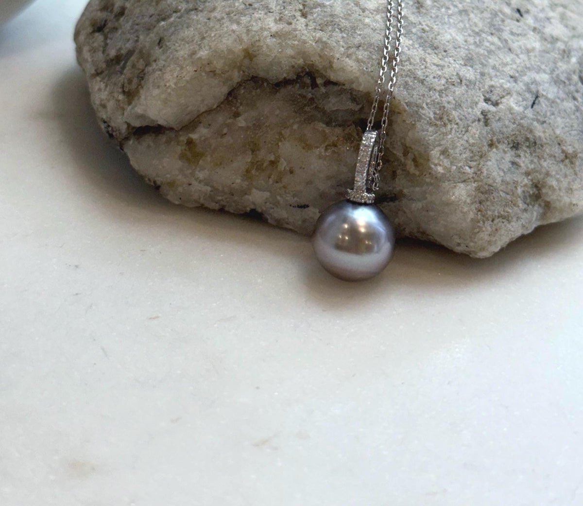 Elly’s 12mm Tahitian platinum ocean Pearl pendant: Extreme luster mirrored, S925 silver minimalist pendant, 2.1cm high.
