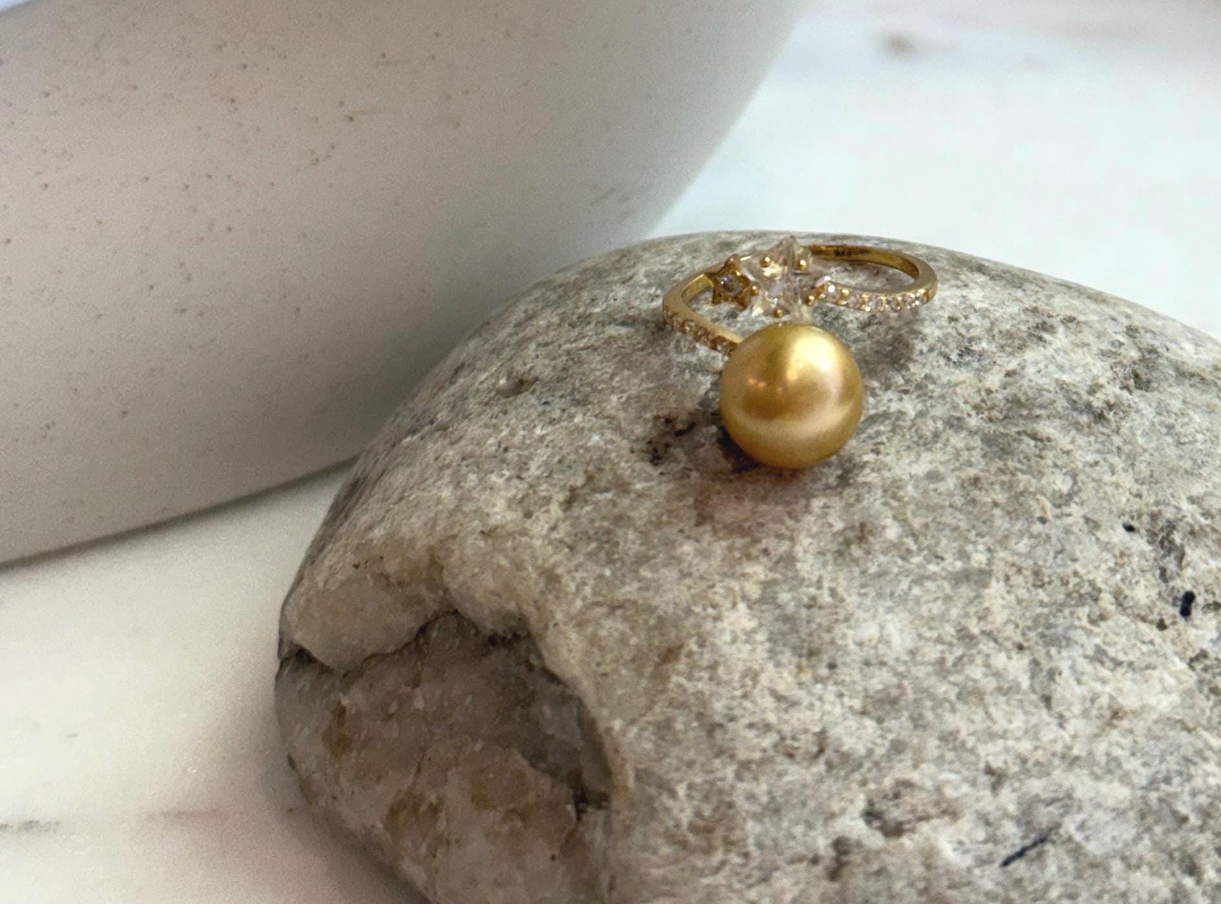 Elly’s 9.8mm South sea deep gold ocean pearl Stars Ring: Extreme luster mirrored, S925 silver with gold plated adjustable Vintage Ring.