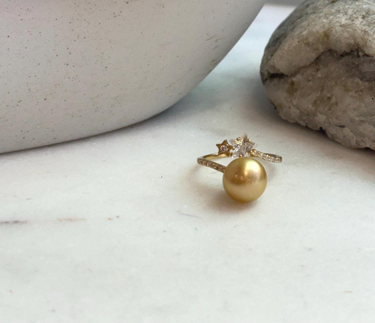 Elly’s 9.8mm South sea deep gold ocean pearl Stars Ring: Extreme luster mirrored, S925 silver with gold plated adjustable Vintage Ring.