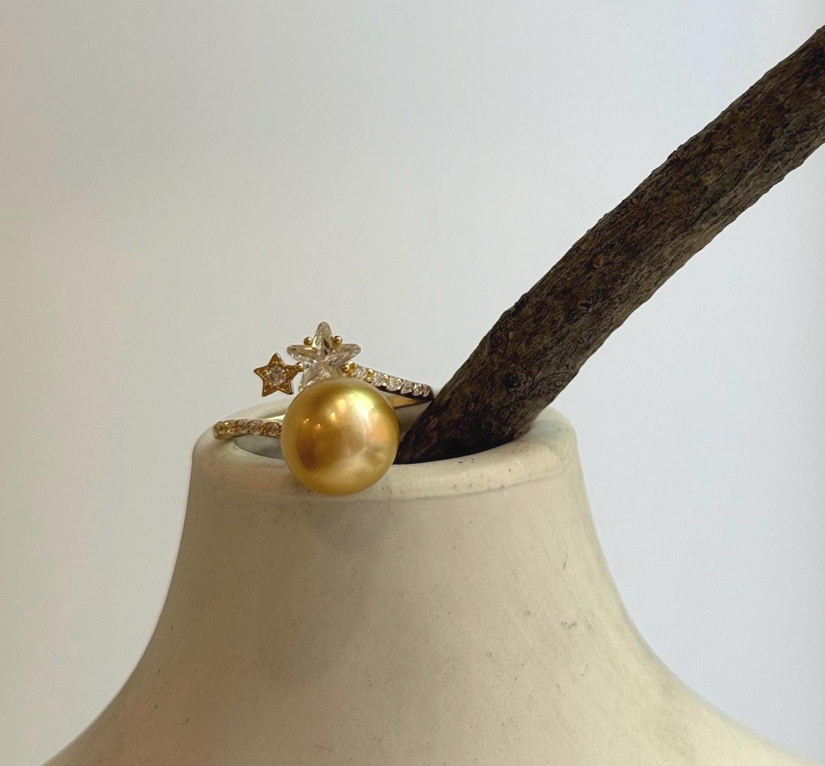Elly’s 9.8mm South sea deep gold ocean pearl Stars Ring: Extreme luster mirrored, S925 silver with gold plated adjustable Vintage Ring.