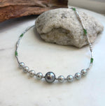 Elly’s Akoya Tahitian ocean pearls Designed Necklace: Extreme luster mirrored, S925 silver Tsavorite necklace, to 19.7”.