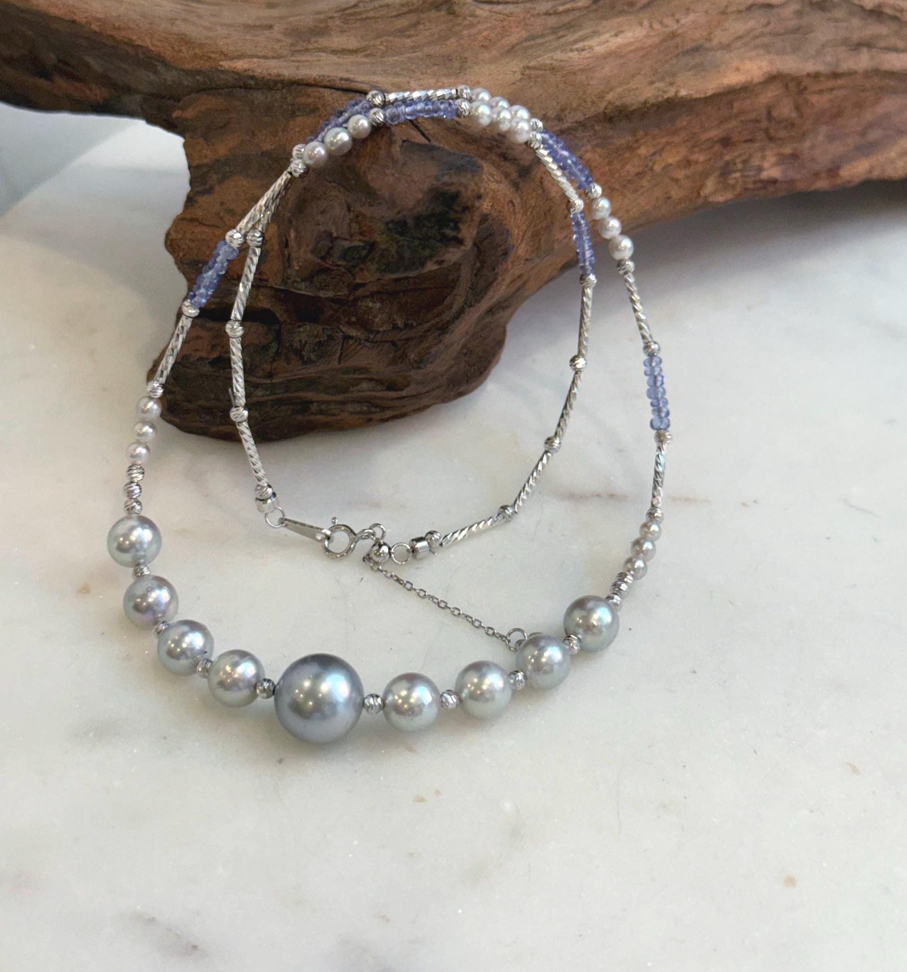 Elly’s Akoya Tahitian ocean pearls Designed Necklace: Extreme luster mirrored, S925 silver Tanzanite Designed necklace, to 18.5”.
