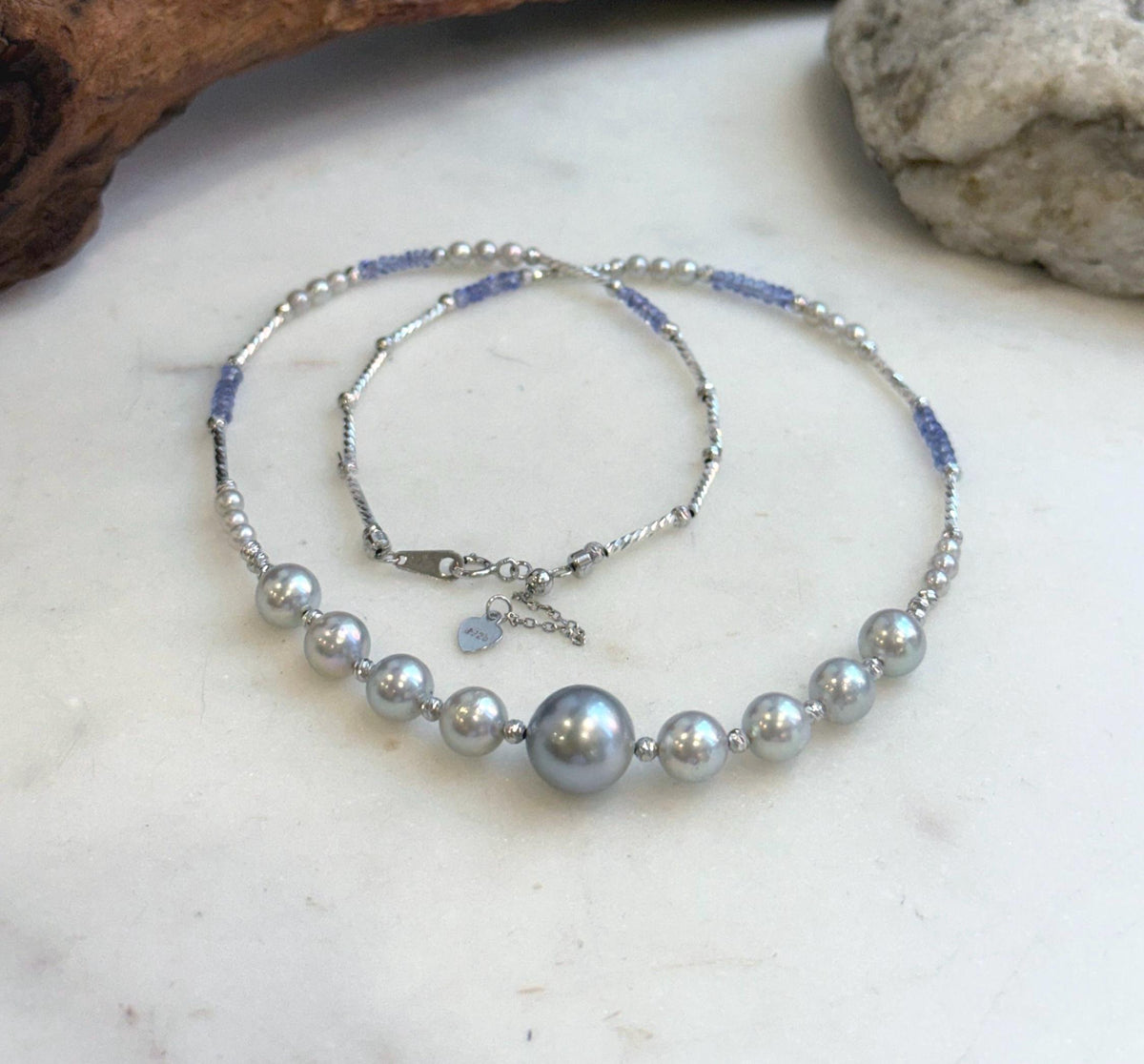 Elly’s Akoya Tahitian ocean pearls Designed Necklace: Extreme luster mirrored, S925 silver Tanzanite Designed necklace, to 18.5”.
