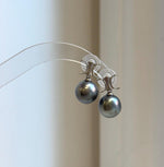 Elly’s 11.7mm Tahitian Platinum ocean Pearls Earrings: Extreme luster Mirrored, 2cm high, S925 silver cool fancy earrings.