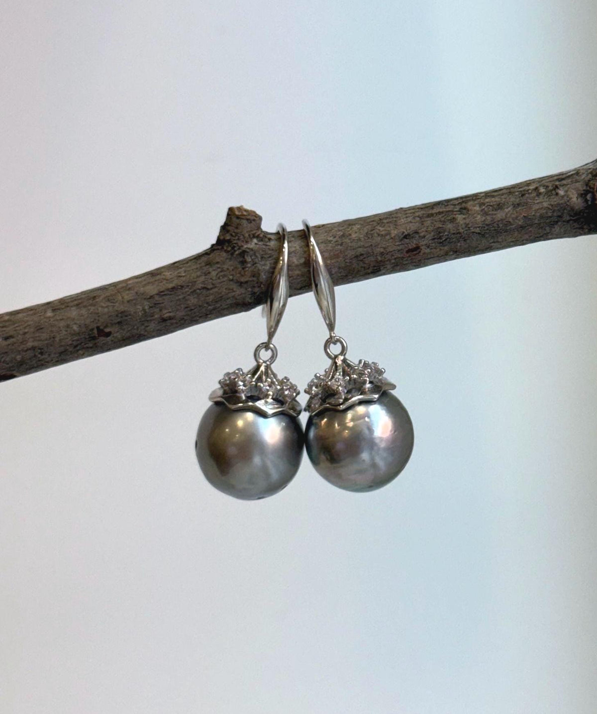 Elly’s 11.1mm Tahitian Platinum ocean Pearls Earrings hooks: Extreme luster Mirrored, 2.7cm high, S925 silver cool fancy earrings.