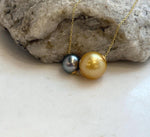 Elly’s Double Au750 18k Gold Tahitian South sea deep gold ocean Pearls Floating pendants: Extreme luster, 9-12.5mm.