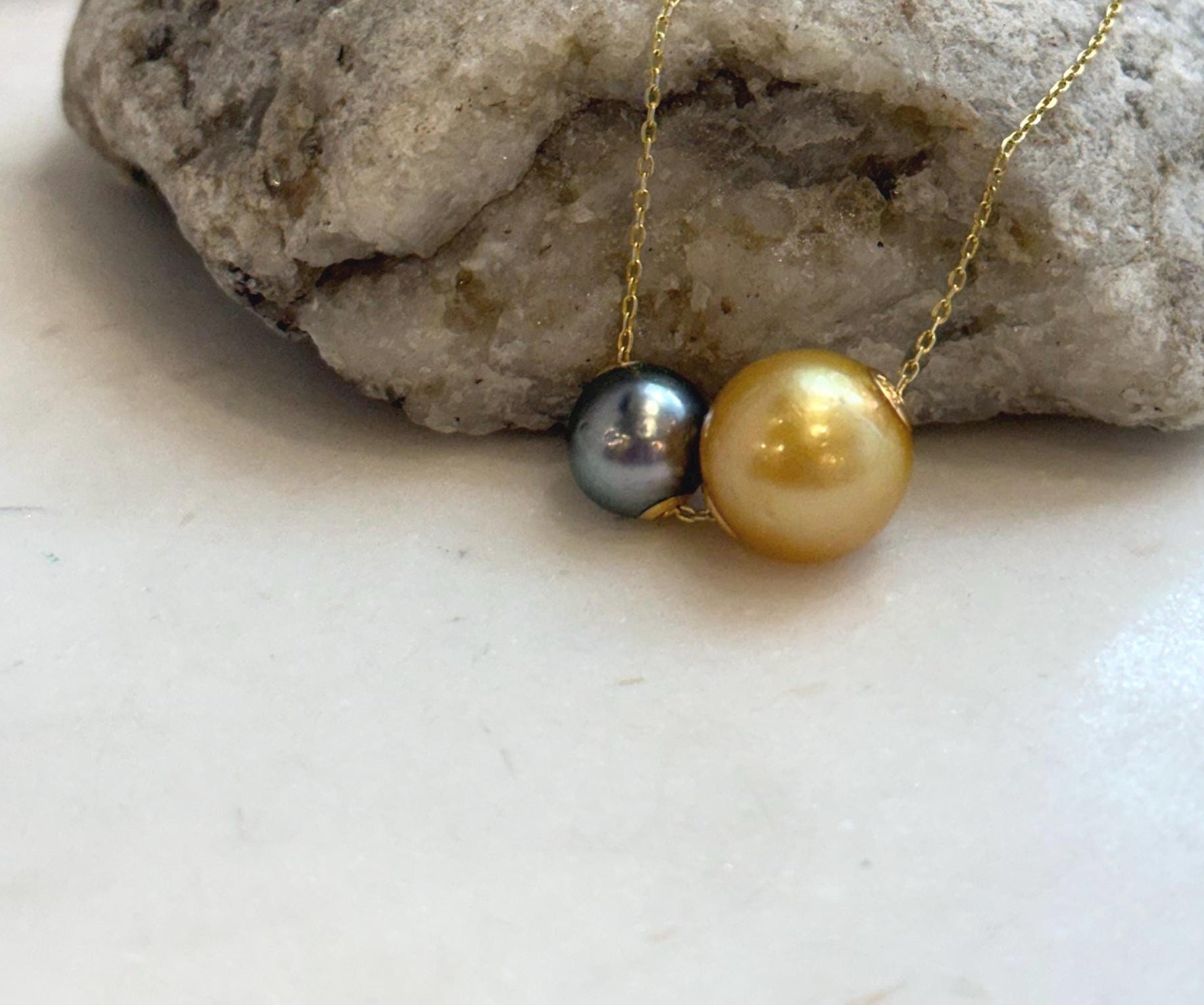 Elly’s Double Au750 18k Gold Tahitian South sea deep gold ocean Pearls Floating pendants: Extreme luster, 9-12.5mm.
