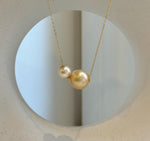 Elly’s Double Au750 18k Gold 7.7-11.7mm South sea golden Akoya Ocean Pearls Floating pendants:Extreme luster mirrored.