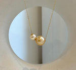 Elly’s Double Au750 18k Gold 7.7-11.7mm South sea golden Akoya Ocean Pearls Floating pendants:Extreme luster mirrored.