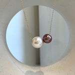 Elly’s Double Au750 18k Gold 10.6-13mm Edison Pearls Floating pendants:Extreme luster mirrored, S925 silver chain clips set.