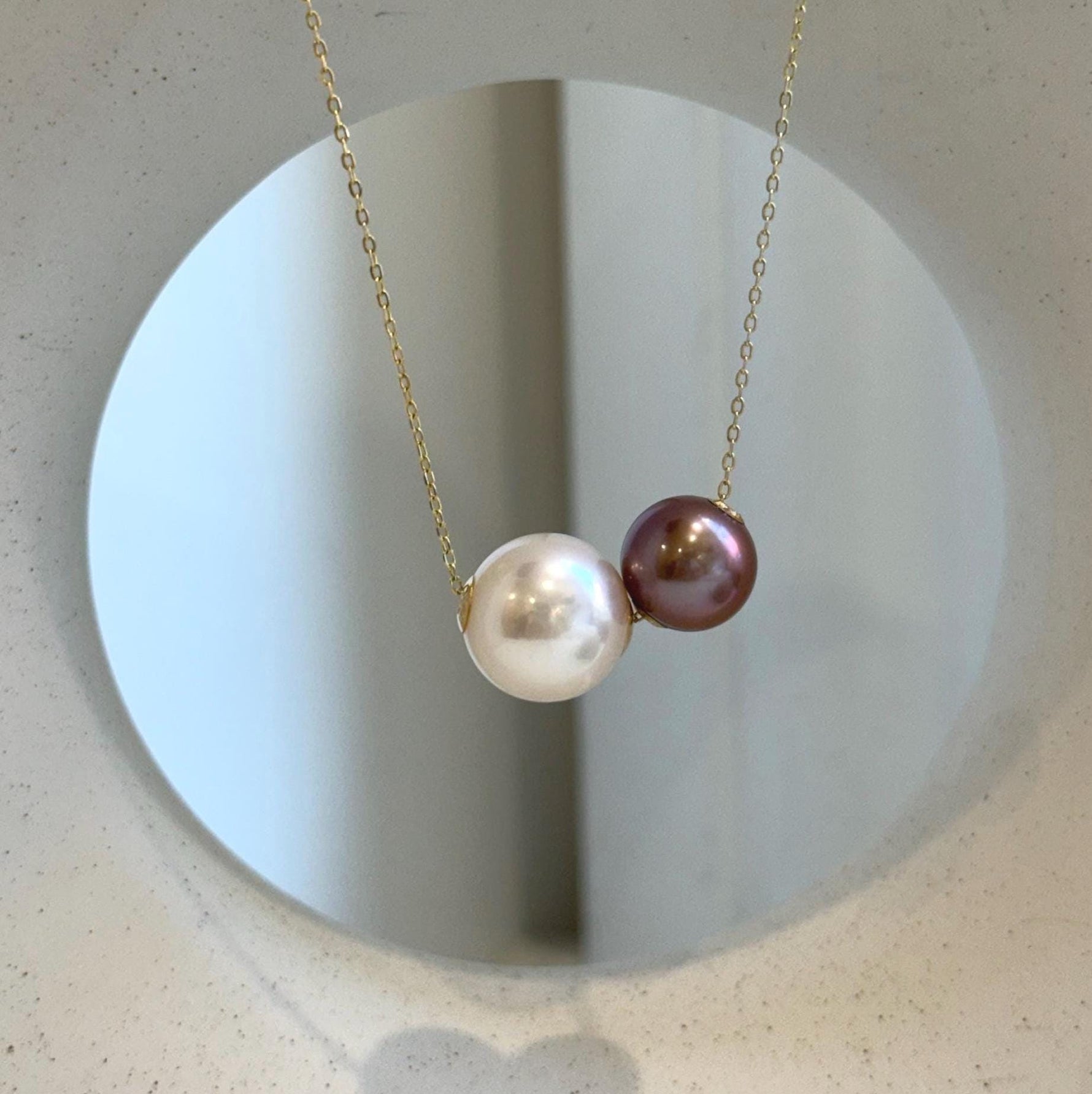 Elly’s Double Au750 18k Gold 10.6-13mm Edison Pearls Floating pendants:Extreme luster mirrored, S925 silver chain clips set.