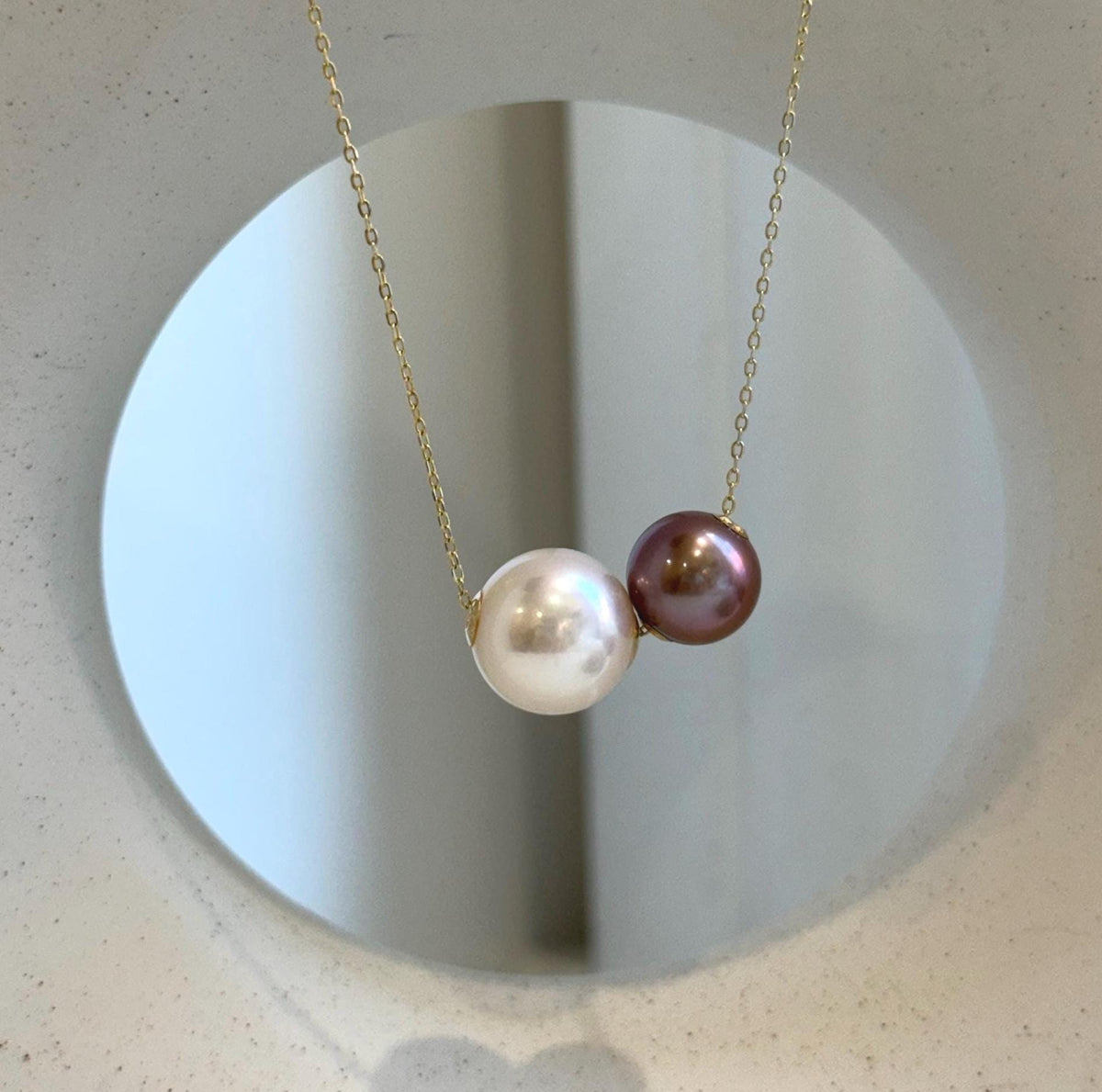 Elly’s Double Au750 18k Gold 10.6-13mm Edison Pearls Floating pendants:Extreme luster mirrored, S925 silver chain clips set.