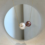 Elly’s Double Au750 18k Gold 10.6-13mm Edison Pearls Floating pendants:Extreme luster mirrored, S925 silver chain clips set.