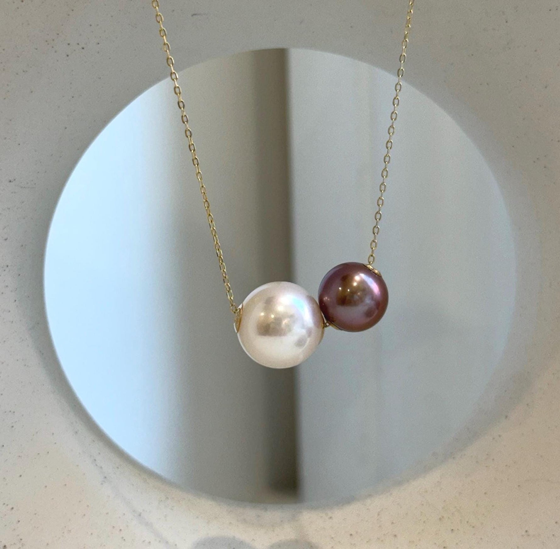 Elly’s Double Au750 18k Gold 10.6-13mm Edison Pearls Floating pendants:Extreme luster mirrored, S925 silver chain clips set.