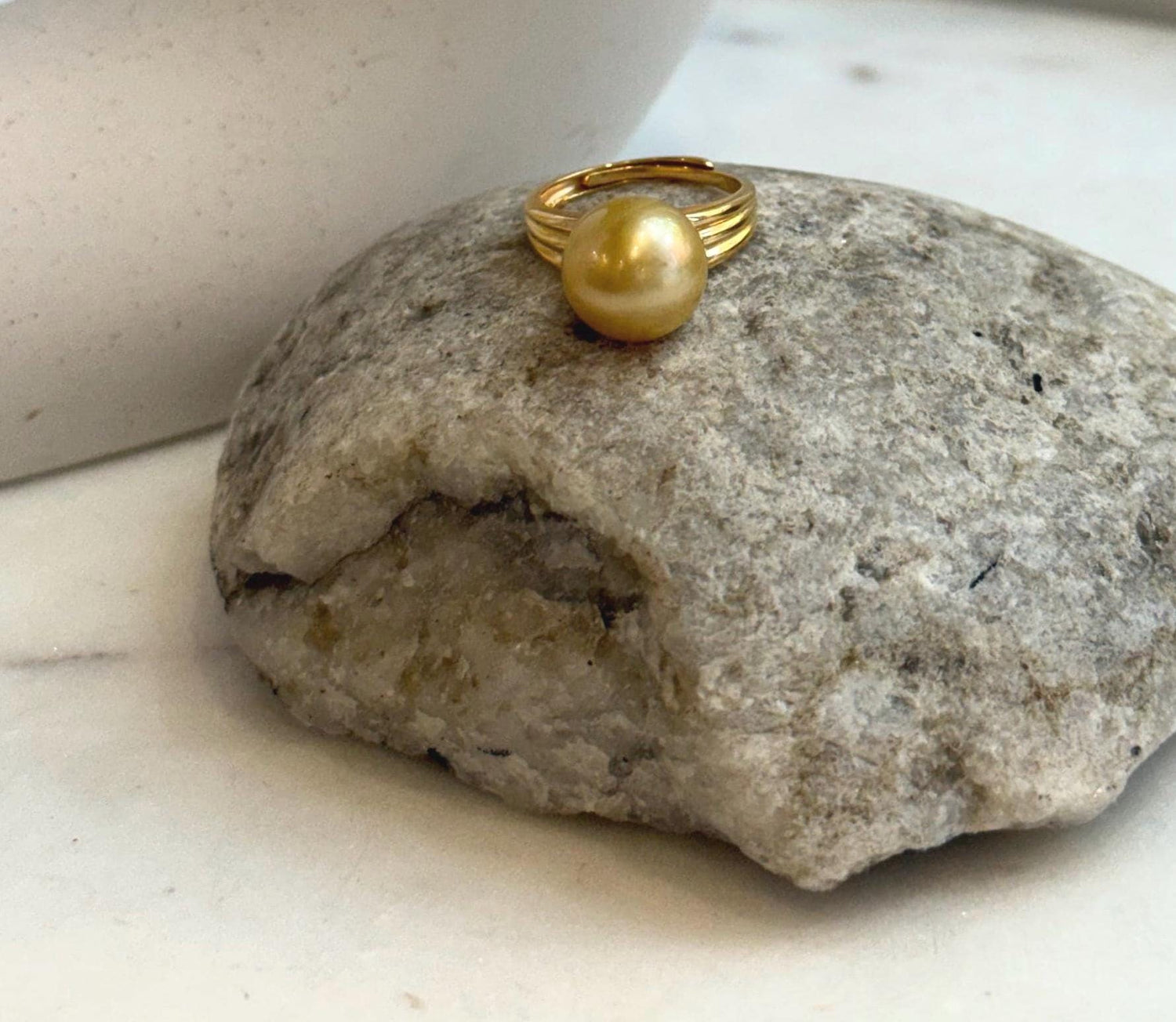 Elly’s 11.5mm South sea deep gold ocean pearl Ring: Extreme luster mirrored, S925 silver with gold plated adjustable Vintage Ring.