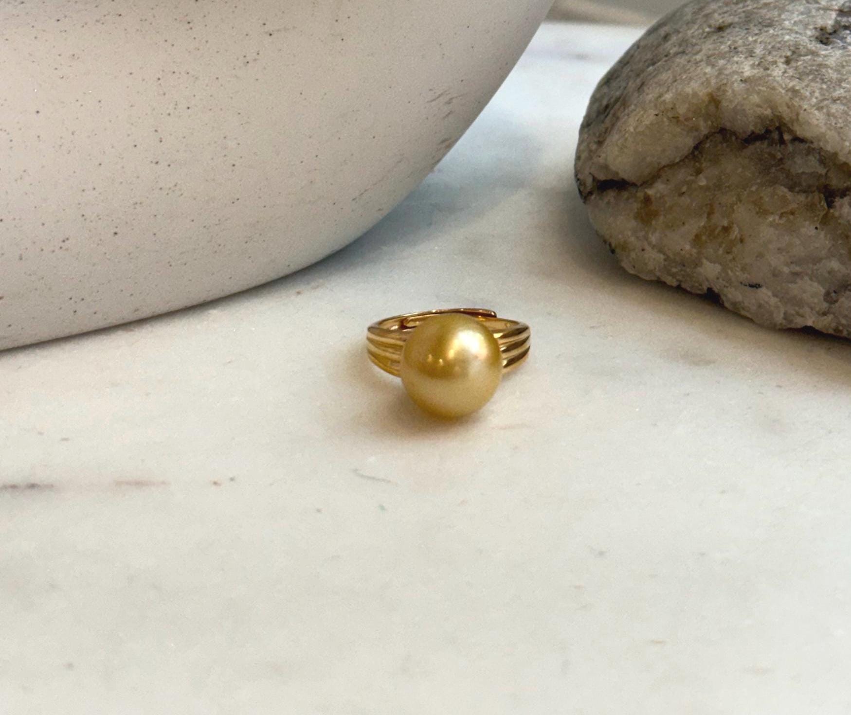 Elly’s 11.5mm South sea deep gold ocean pearl Ring: Extreme luster mirrored, S925 silver with gold plated adjustable Vintage Ring.