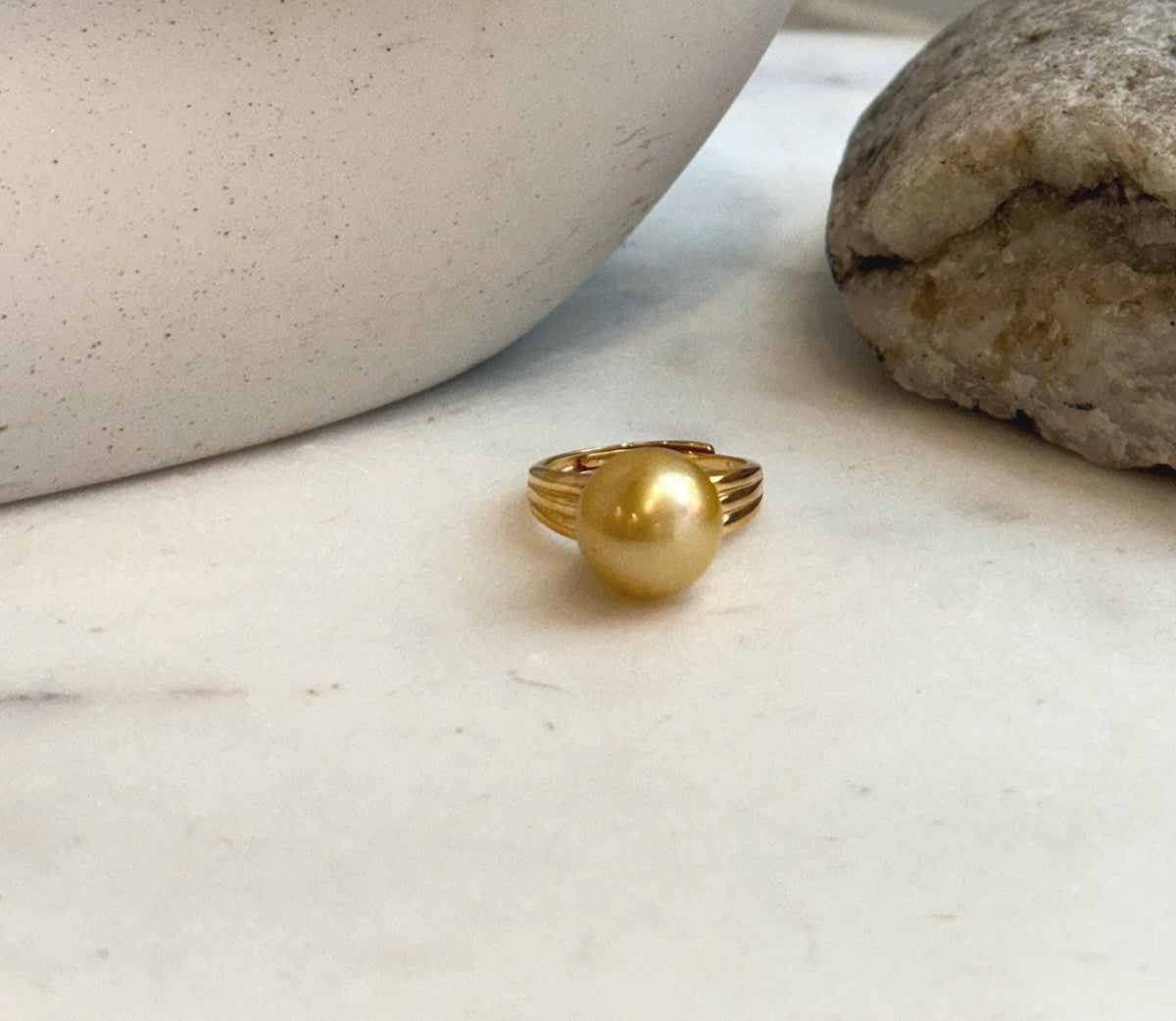 Elly’s 11.5mm South sea deep gold ocean pearl Ring: Extreme luster mirrored, S925 silver with gold plated adjustable Vintage Ring.
