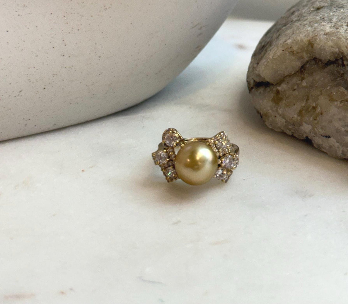 Elly’s 9.7mm South sea deep Tea gold ocean pearl Ring: Extreme luster, 1.2x2cm, S925 silver with gold plated adjustable Vintage Ring.