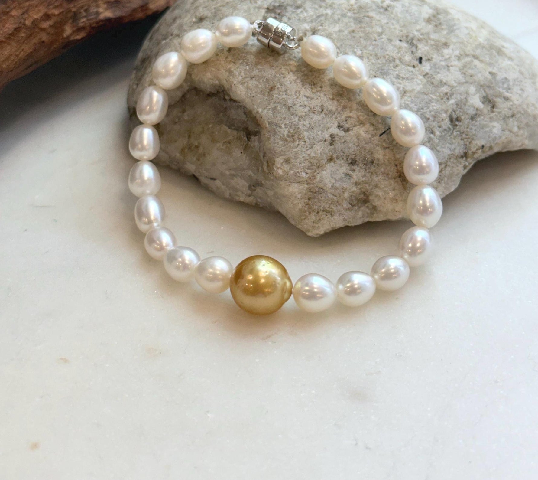 Elly’s 11.2mm South sea deep tea golden Freshwater Pearls Bracelet: Extreme luster mirrored, S925 silver Bracelet. Knotted 7.5”.