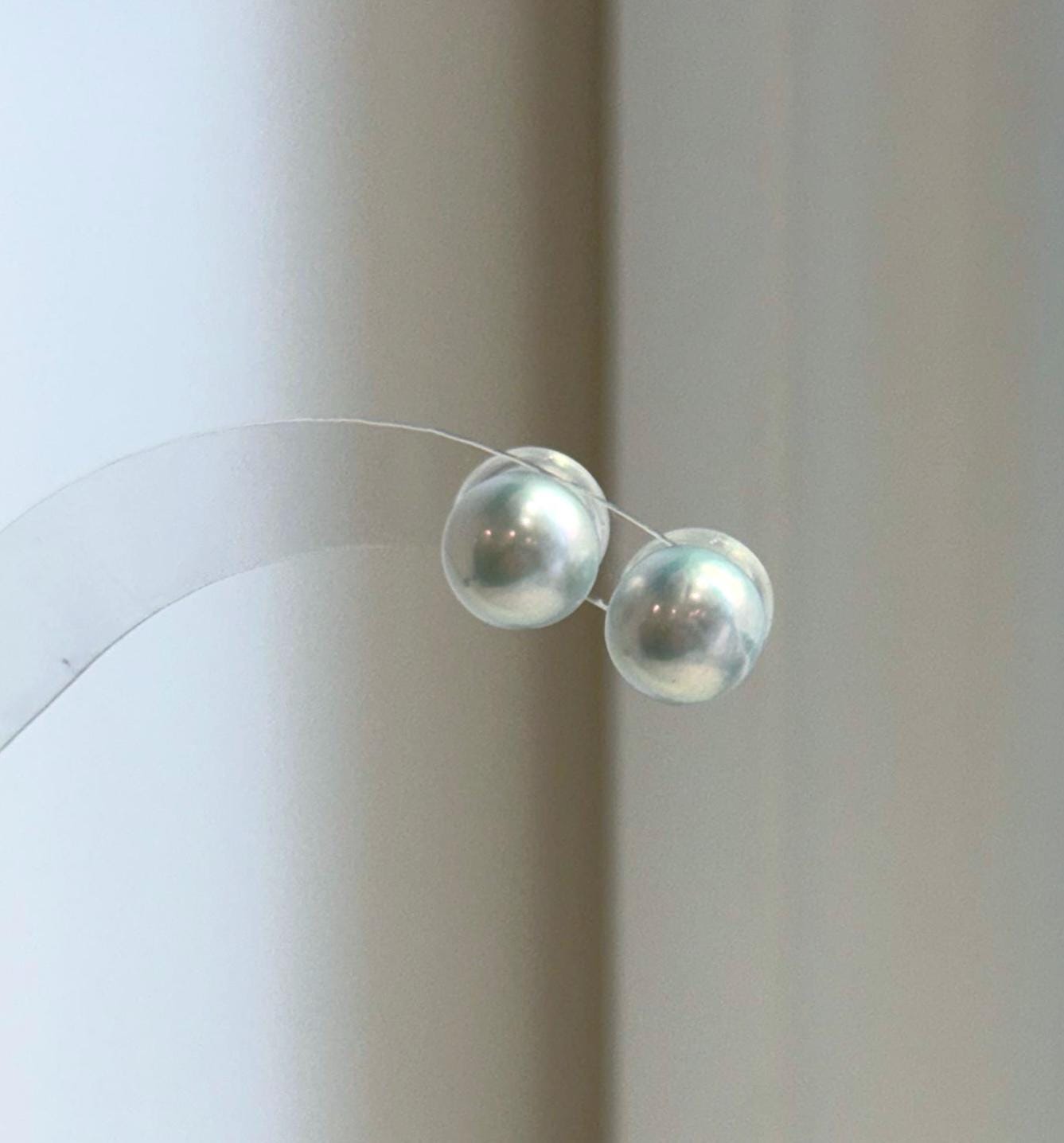 Elly’s 9.5mm Edison white blue Pearls Earrings: Extreme luster Mirrored, S925 silver cool minimalist earrings studs.