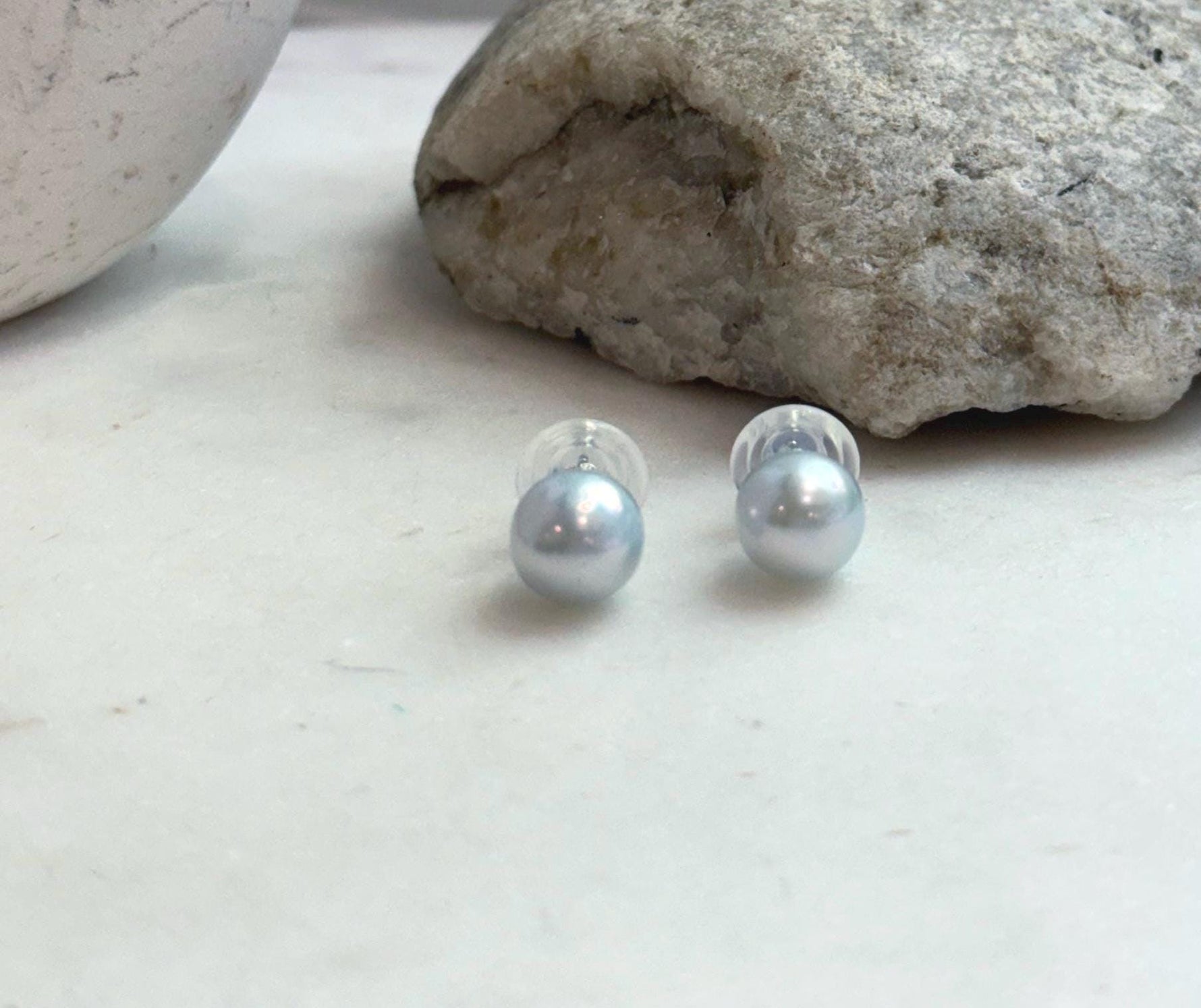 Elly’s 9.5mm Edison white blue Pearls Earrings: Extreme luster Mirrored, S925 silver cool minimalist earrings studs.