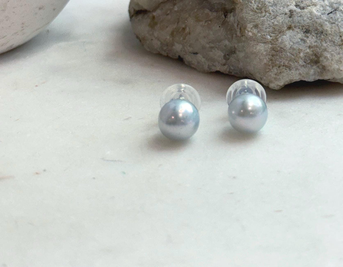 Elly’s 9.5mm Edison white blue Pearls Earrings: Extreme luster Mirrored, S925 silver cool minimalist earrings studs.