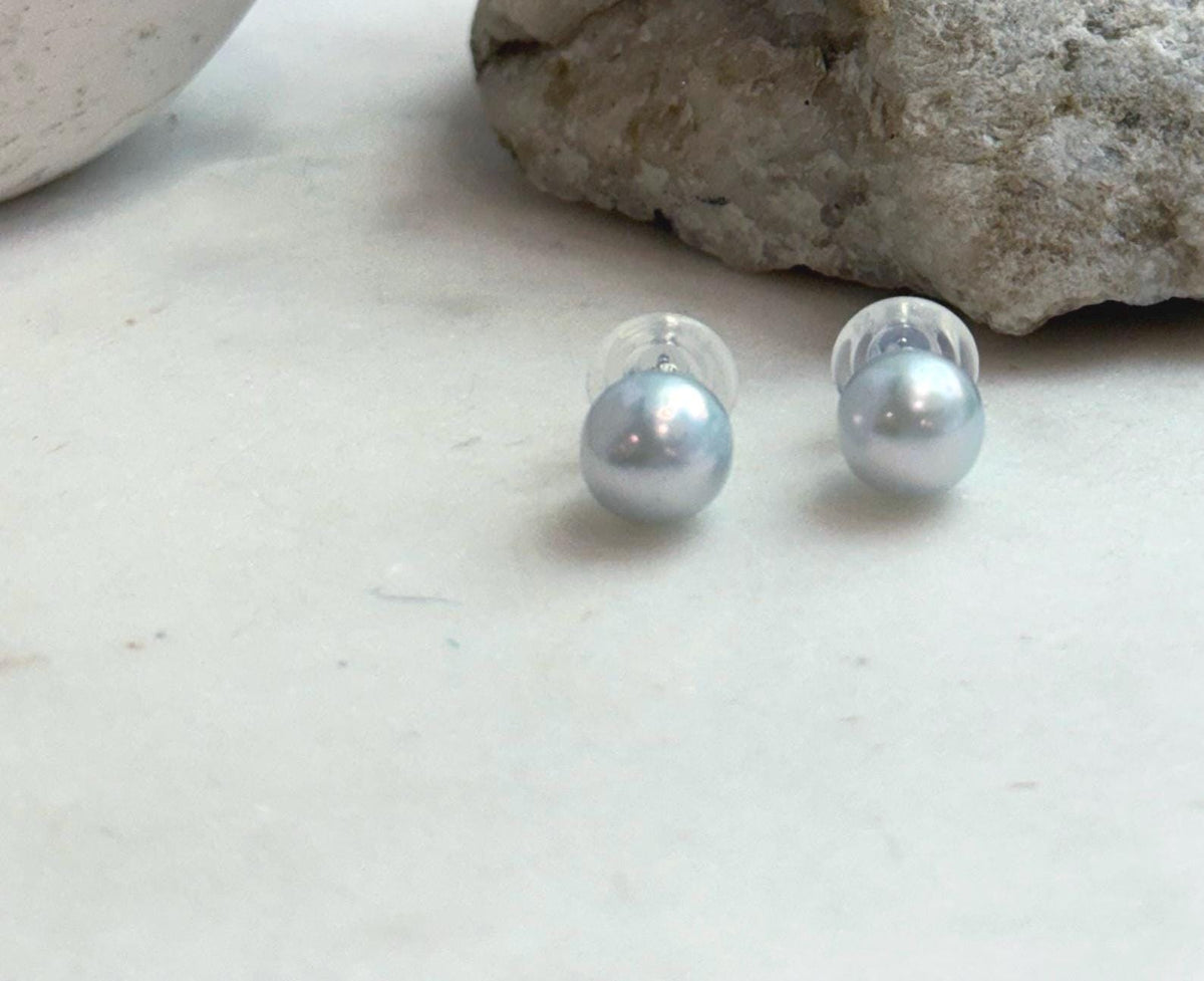 Elly’s 9.5mm Edison white blue Pearls Earrings: Extreme luster Mirrored, S925 silver cool minimalist earrings studs.