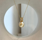 Elly’s 11.4mm South Sea Golden iridescent ocean Pearl pendant: Extreme luster mirrored, 2cm high, S925 silver w/ gold plated pendant.