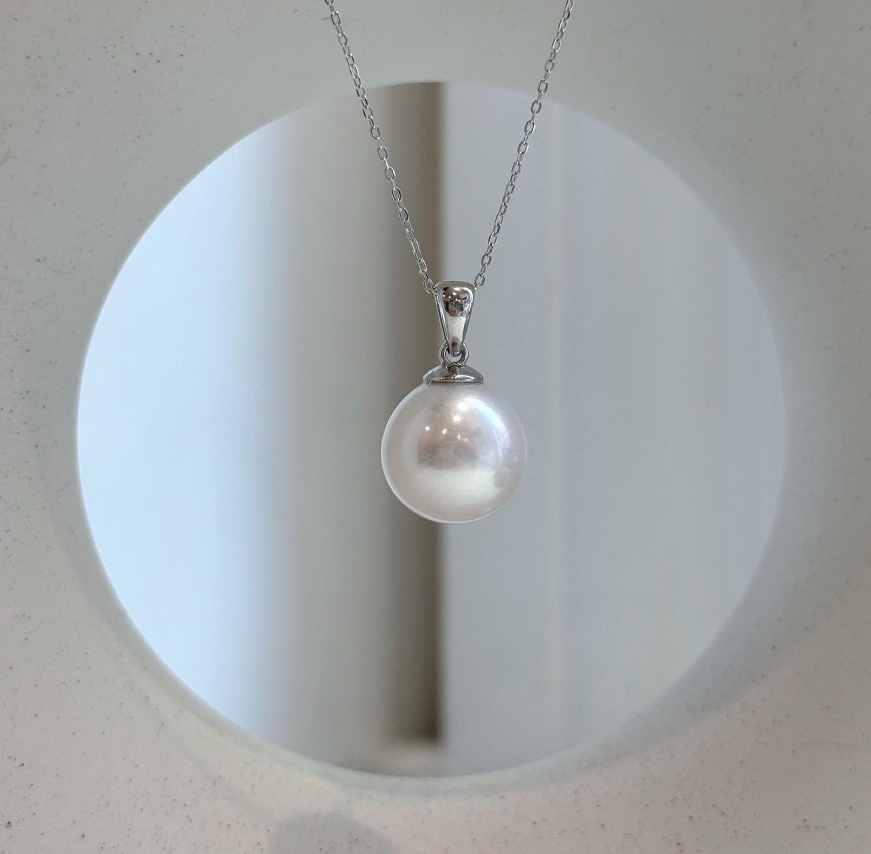 Elly’s 14.4mm White Edison Pearl pendant: Extreme luster mirrored, 2.4cm high, S925 silver minimalist pendant.