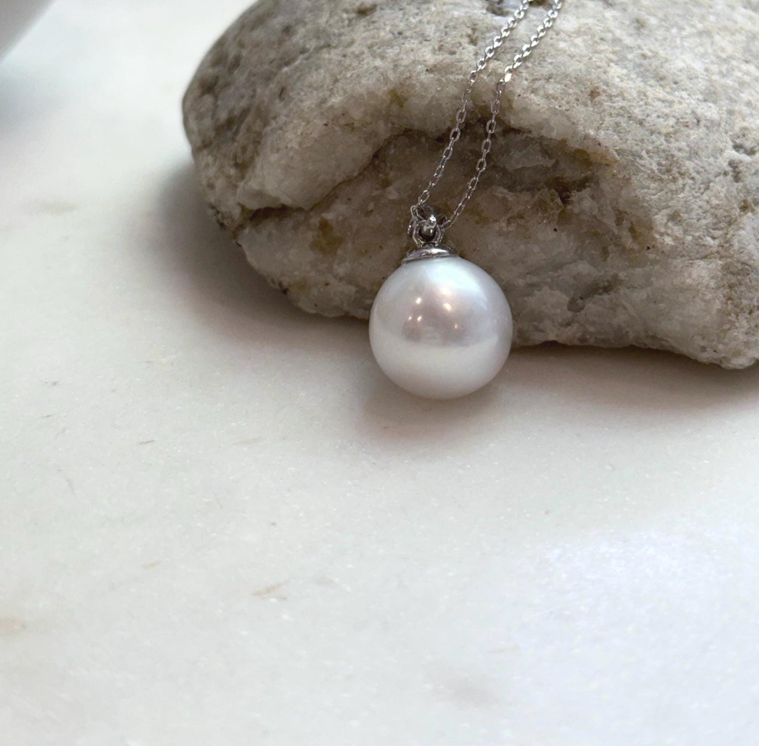 Elly’s 14.4mm White Edison Pearl pendant: Extreme luster mirrored, 2.4cm high, S925 silver minimalist pendant.