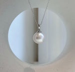 Elly’s 14.4mm White Edison Pearl pendant: Extreme luster mirrored, 2.4cm high, S925 silver minimalist pendant.