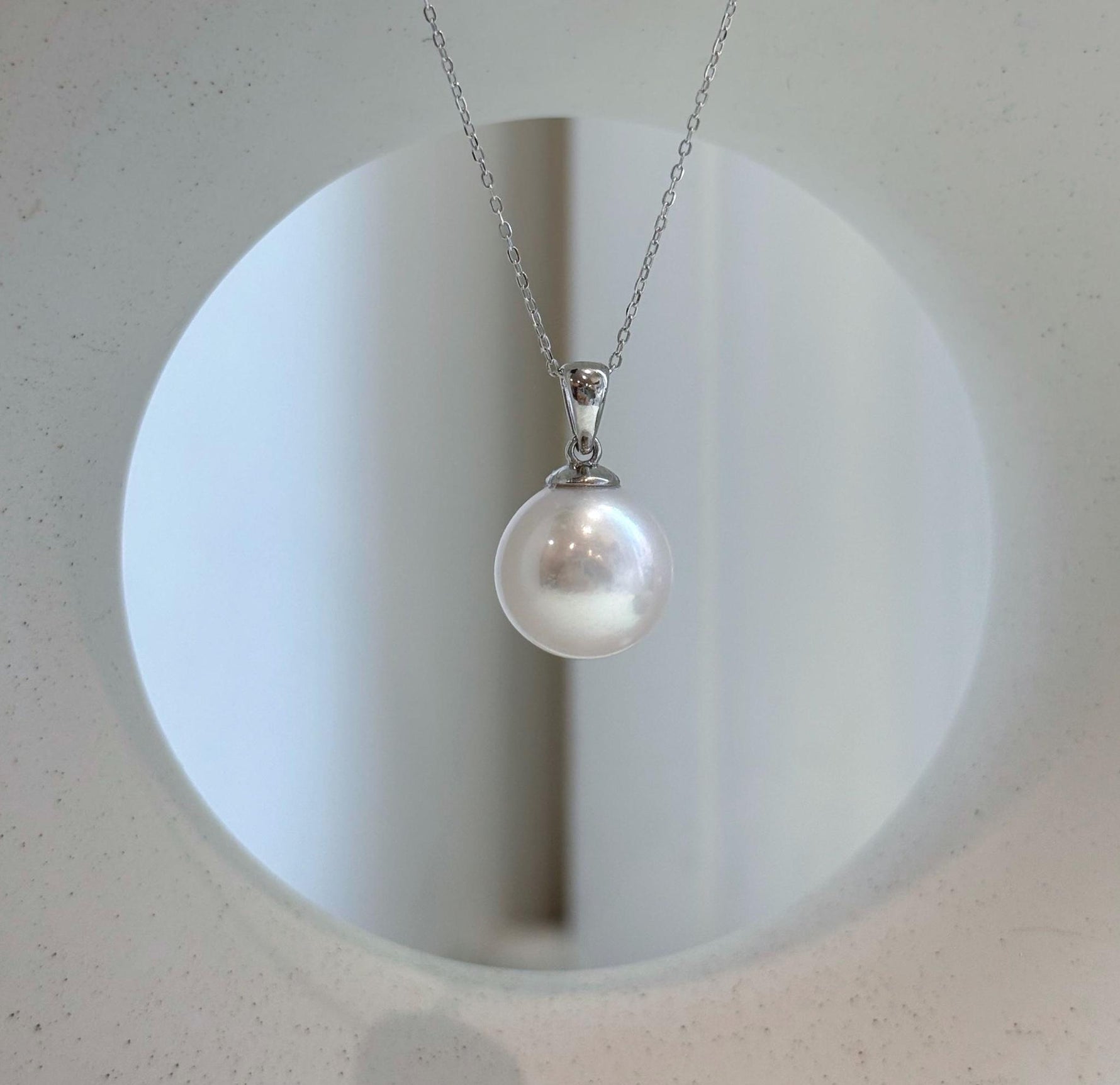 Elly’s 14.4mm White Edison Pearl pendant: Extreme luster mirrored, 2.4cm high, S925 silver minimalist pendant.