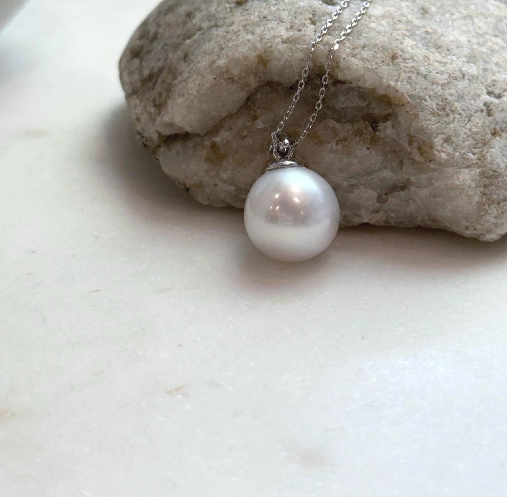 Elly’s 14.4mm White Edison Pearl pendant: Extreme luster mirrored, 2.4cm high, S925 silver minimalist pendant.